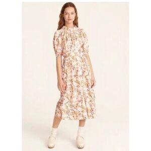 J Crew Smocked Neck Puff Sleeve Dress Cherry Blossom Print Boho Peasant Sz XXS